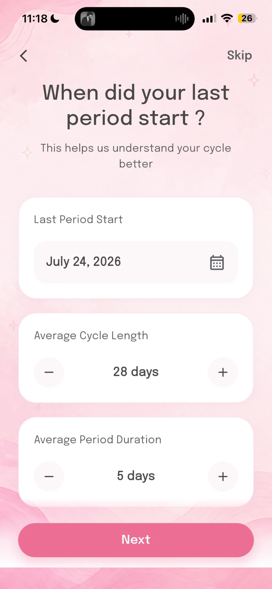 Lunara app onboarding screen asking when your last period started