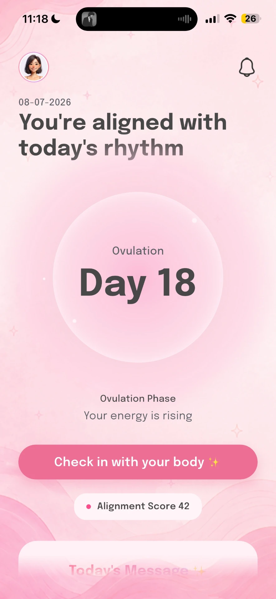 Lunara app home screen showing ovulation day 18 and today's alignment score