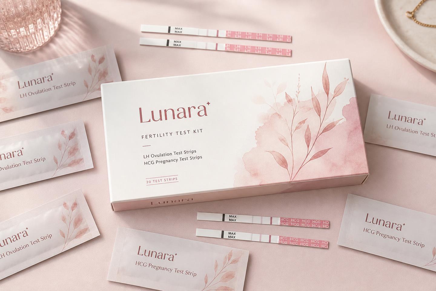Lunara fertility test kit box with LH ovulation and HCG pregnancy test strips